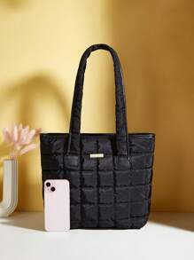 1pc Black Rhombus Pattern Empty Metal Decor Polyester Fabric Fashion Shoulder Bag, Solid Color Padded Tote Bag, Christmas Gift