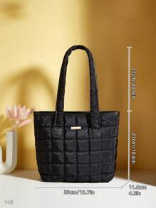 1pc Black Rhombus Pattern Empty Metal Decor Polyester Fabric Fashion Shoulder Bag, Solid Color Padded Tote Bag, Christmas Gift