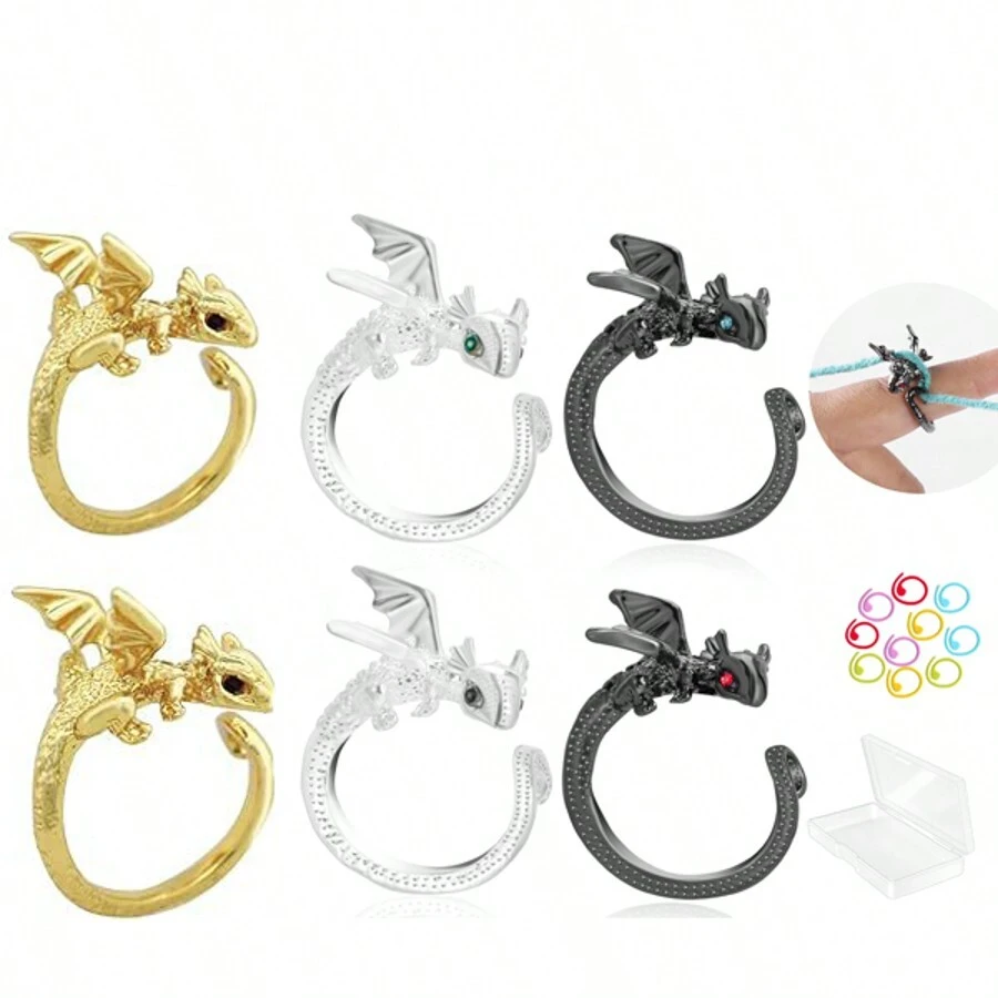 Bague Dragon Au Crochet Pour Doigt,Anneaux Dragon Au Crochet Pour Tension, Anneaux De Crochet Pour Tension Réglable - Anneau De Crochet Dragon, Guide De Fil De Doigt, Anneaux De Tension De Tricot Pour