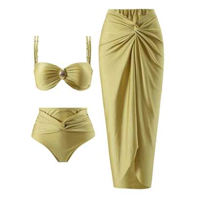 Women's Shining Solid Color Metal Buckle Bikini Set With Twist Front Cover Up Skirt For Women, For Summer Beach Vacation
