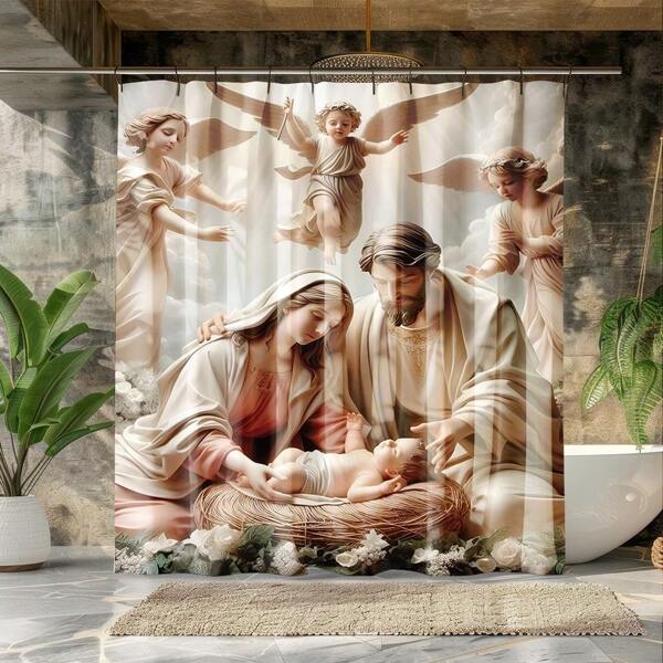 1pc Angel Print Waterproof Vintage Mildew Proof Shower Curtain Home Bathroom Decor Summer Bathroom Accessories Back To School