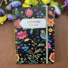 1pc 3 Year Monthly Planner 2025-2027, Jan. 2025 - Dec. 2027, Elastic Closure, Twin-Wire Binding-(Flower Cover) - 黑色 - 查看 1
