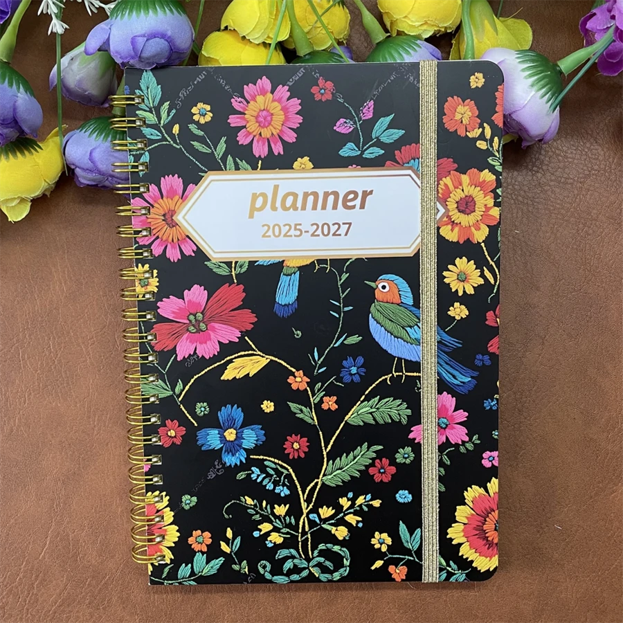 1pc 3 Year Monthly Planner 2025-2027, Jan. 2025 - Dec. 2027, Elastic Closure, Twin-Wire Binding-(Flower Cover) - 黑色 - 查看 1