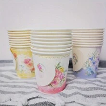 24个纸杯托盘套装，7盎司一次性纸杯，适用于生日派对、花茶聚会、冷热饮，适合各种节日聚会 - 彩色 - 查看 10