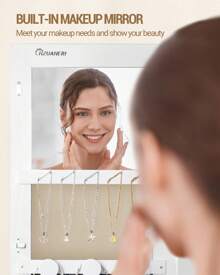 HEXCELEN Jewelry Cabinet, Mirror Cabinet, Standing Jewelry Organizer With 1 Clothes Rack, 3-Tier Shelves With 4 Coat Hooks, White - 米色 - 查看 3