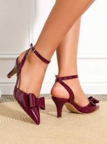 Zapatos de tacón alto de stiletto hechos a mano con lazo burdeos, cordones ajustables y hebilla, de estilo de moda y versátiles