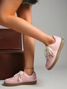 秋冬女士复古休闲运动鞋，经典低帮白色硫化鞋，厚底运动跑步鞋，粉色配橡胶外底，舒适时尚，适合女士 - 粉色 - 查看 10