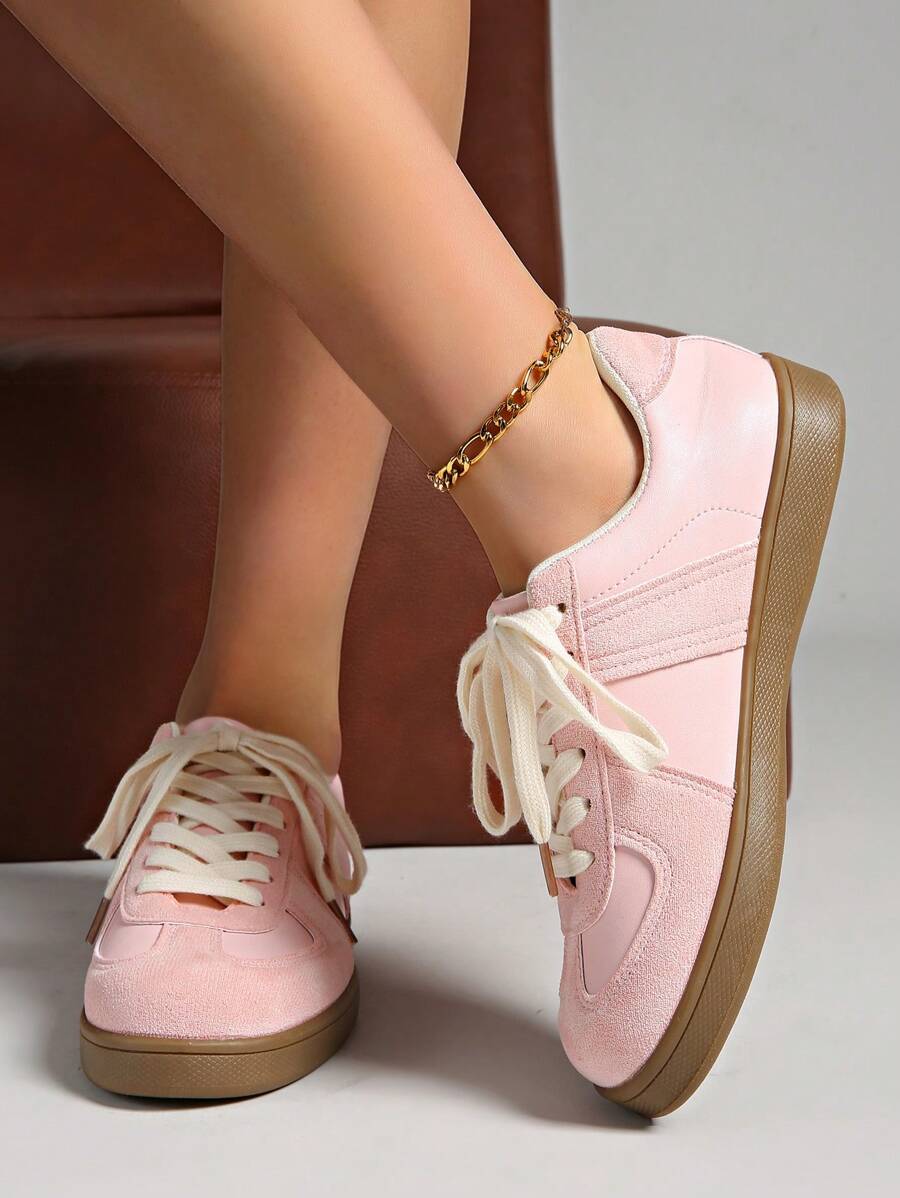 Fall/Winter Women's Retro Casual Sneakers, Classic Low-Top White Vulcanized Shoes, Thick-Soled Sports Running Shoes, Pink Color With Rubber Outsole, Comfortable And Fashionable, Suitable For Ladies - Pink - View 1