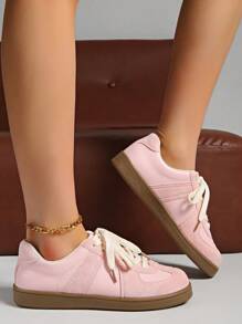 秋冬女士复古休闲运动鞋，经典低帮白色硫化鞋，厚底运动跑步鞋，粉色配橡胶外底，舒适时尚，适合女士 - 粉色 - 查看 9