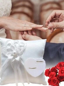 1 件戒指枕仿珍珠刺绣花叶结婚戒指枕缎面双心形装饰结婚戒指枕戒指托适用于海滩婚礼婚礼求婚蕾丝仿珍珠结婚戒指枕托垫情人节 - 彩色 - 查看 2