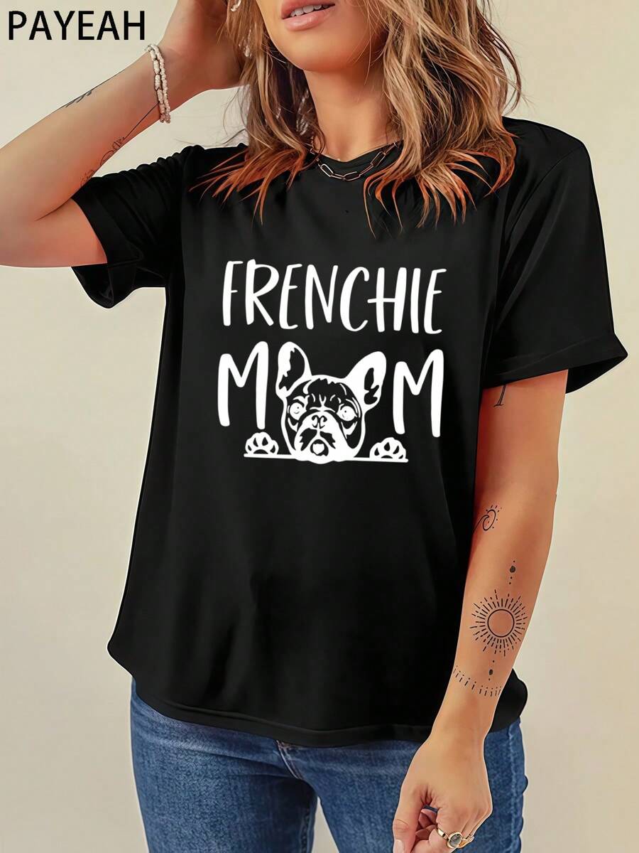Payeah Women's 220g Heavy Cotton Casual Tee Frenchie Mom Funny French Bulldog 100% Cotton Digital Print T Shirt(1 Pcs)