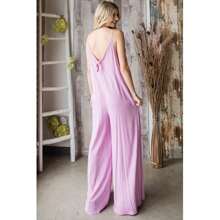 Veveret Pocketed Spaghetti Strap V-Neck Wide Leg Jumpsuit - Lavender - View 2
