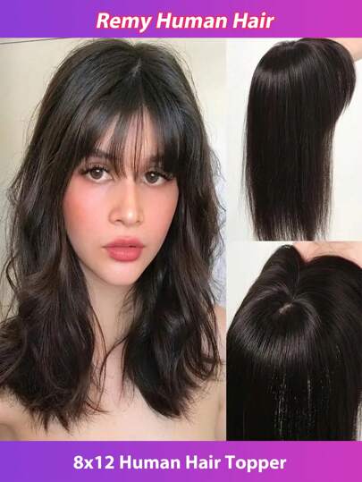 8x12 Human Hair Topper Real Human Hair 10-Inch Clip-In Bangs Handmade & Machine Crafted Breathable Base Natural Looking Hairpiece For Thinning Hair Straight Hair Style Half Hand Tied