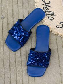 Women's Summer New Square Toe Rhinestone Embellished Slippers, High-End Stylish Open Toe Flat Sandals, Elegant Glitter Outdoor Flip Flops, Party & Holiday Wear