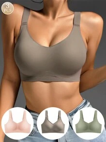3 Peças/Conjunto Sutiãs Sem Costura Com Fechamento Frontal e Enchimento para Mulheres, Minimiza o Busto, Sutiãs Esportivos Sem Costura Finos e Sem Arame para Tamanhos Grandes