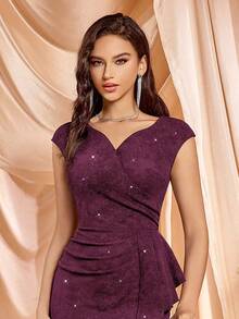 MIUSOL Sweetheart Neck Ruffle Hem High Slit Sequin Cocktail Party Bodycon Pencil Skirt - Burgundy - View 9