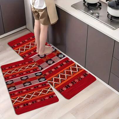 1/2pcs Bohemian Kitchen Floor Mat Set, Red Asymmetric Geometry Design Rug, Anti-Fatigue, Machine Washable Carpet, Kitchen Area Rugs, Suitable For Bedroom, Living Room, Office Home Decoration