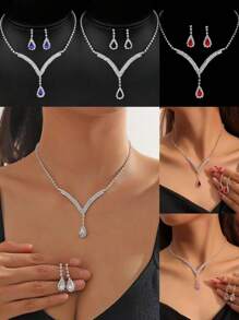 2-Piece Women Teardrop Pendant Necklace And Earrings Set, Fashion Elegant Jewelry For Wedding Party