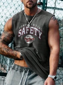 男士图案印花休闲无袖背心，简约时尚日常穿着 - 深灰色 - 查看 4