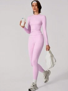 Conjunto de Top deportiva y pantalones de un solo color simple para mujer, ideal para yoga y uso diario