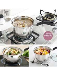 Set Of 3 Induction Non Stick Stainless Steel Cookware Kitchen Glass Lids Pot Pan - Silver - View 8