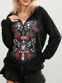 Women Y2k Goth Zip Up Hoodie Fairy Grunge Oversized Hooded Sweatshirt Adults Casual Skull Graphic Printed Long Sleeve Jacket With Pockets Gothic 90s Clothes For Teen Girls Streetwear Fall Spring Outerwear - màu đen - Xem 2