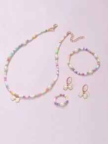 5pcs/Set Girls' Pearl Beaded Butterfly Necklace, Bracelet, Earrings, Ring Jewelry Set - Multicolor - View 2