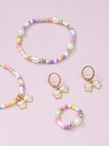 5pcs/Set Girls' Pearl Beaded Butterfly Necklace, Bracelet, Earrings, Ring Jewelry Set - Multicolor - View 4