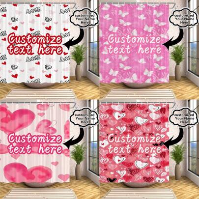Customizable Heart Pattern Polyester Bathroom Shower Curtain With Hooks, Personalized Waterproof Shower Curtain For Bathroom Decor, Machine Washable, Suitable For All Seasons And Valentine's Day Fall Decor Bathroom Accessories Back To School