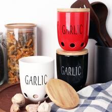 1 Peça Caixa de Armazenamento de Alho, Caixa de Armazenamento de Alho de Cerâmica, Recipiente de Armazenamento de Alho para Bancada, Jarra de Alho de Cerâmica com Tampa de Bambu, Tigela de Armazenamento de Legumes para Bancada, Lata de Armazenamento de Alho com Ventilação, Decoração de Cozinha Estilo Rústico, Utensílios de Cozinha