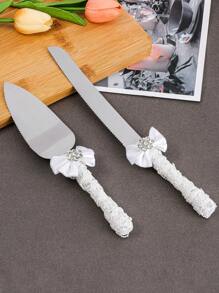 1 pieza Cuchillo y Servidor de decoración de mesa de boda estilo europeo, cortador de tarta hecho a mano con lazo de encaje y strass, cubertería de mesa para fiesta de bodas