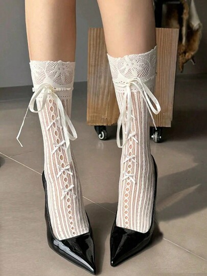 2 Pairs Of Lolita Erotic Style Lace Trimmed Knee High Socks With Bow, Suitable For Women's Spring Summer Leg Warmer, Suitable For Matching With Mary Jane Shoes And Loafers, Erotic Fishnet Socks