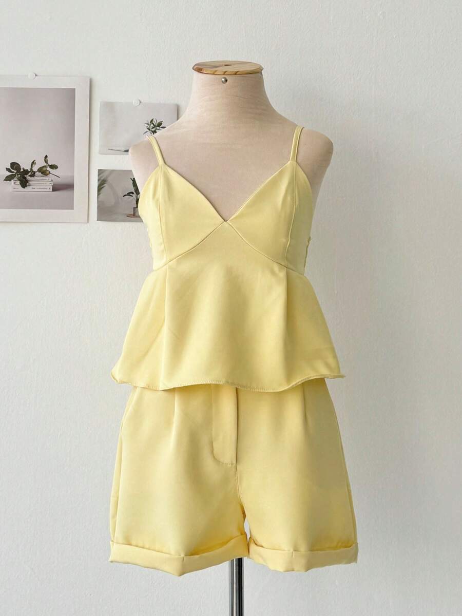 Women's Set Shorts + Cropped Top Ruffle - 黃色 - 查看 1