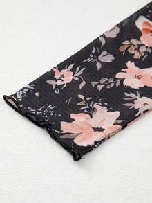 Acelitt Black Floral Mesh Turtleneck Long Sleeve Fitted Top - Black - View 6