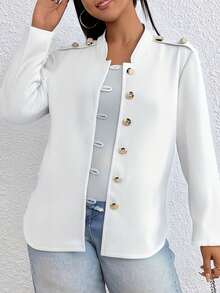 Chaqueta Casual de Mujer Primavera Chaqueta con botones frontales de color solido - Blanco - Ver 3