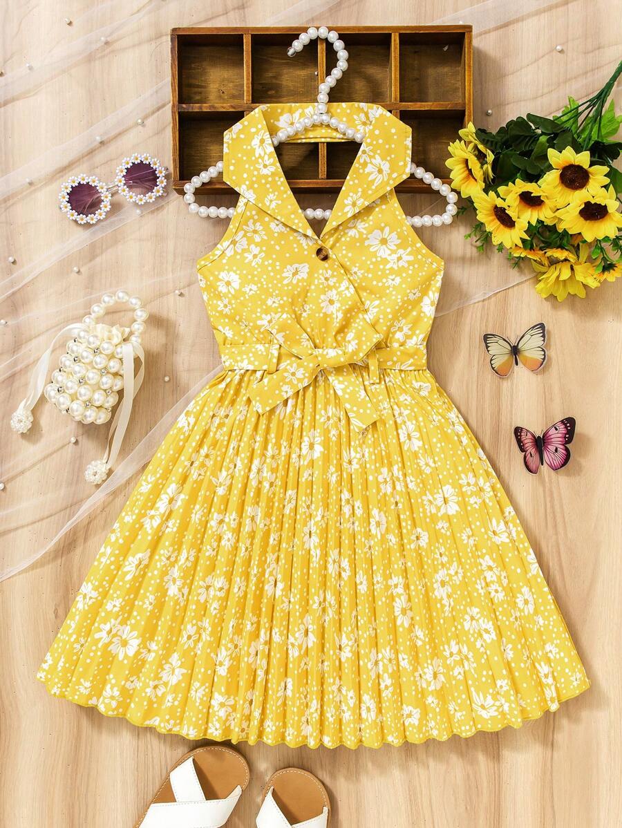 Young Girl Ditsy Floral Spaghetti Strap Dress, Yellow Bohemian Casual Summer Dress For Beach Vacation, Photo Shoot Must-Have, Soft & Breathable, For Outdoor, Birthday Party, Suitable For 4-7 Years Old, Spring/Summer