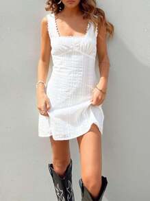 Women's Summer Sleeveless Square Neck Dress With Lace Trim Solid Color A-Line Dress Mini Skirt - 白色 - 查看 2