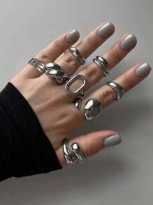 8pcs/Set Chunky Geometric Asymmetrical Stacked Metal Open Rings Set, Smooth Exaggerated Cocktail Rings Accessories For Women, Party & Music Festival - Silver - View 14