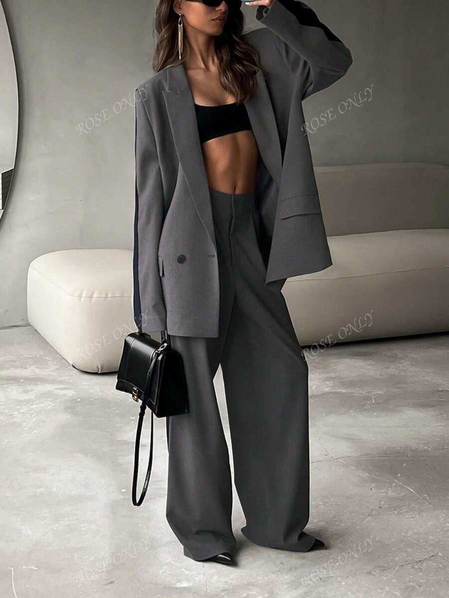 2Pcs Women Casual Business Loose Suit Set Contrast Color Blazer Jacket And Elastic Waist Straight Leg Pants Set, Summer/Spring, Elegant Style For Office Work Lady, Fashion For Informal Commuting