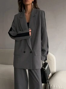 2Pcs Women Casual Business Loose Suit Set Contrast Color Blazer Jacket And Elastic Waist Straight Leg Pants Set, Summer/Spring, Elegant Style For Office Work Lady, Fashion For Informal Commuting - Grey - View 4