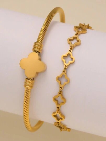 Set elegante e di lusso 2 in 1 con braccialetto a forma di quadrifoglio e floreale, braccialetto in acciaio inossidabile con fiori adatto per molteplici occasioni e come regalo per gli amici