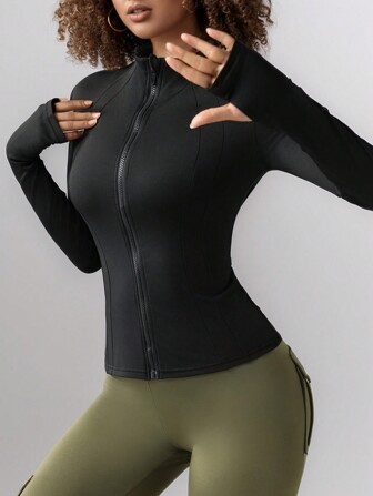 Plus Size Solid Color Zip-Up Long Sleeve Activewear Jacket, Women Slim Fit Thumb Hole Cuff Fitness Yoga Sports Outerwear