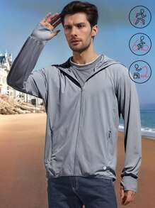 1 pieza Camisa solar con protección UPF50+ y enfriamiento para hombre, chaqueta de pesca para exterior con capucha desmontable para primavera y verano