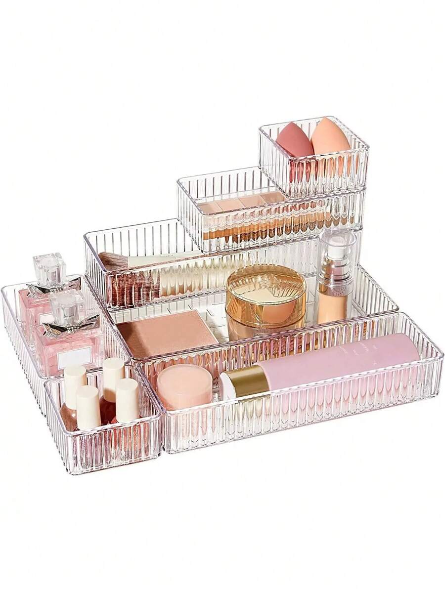 1/4/5/6/7/10pcs Set Simple Transparent Drawer Storage Boxes, Makeup Organizer Boxes, 4 Size Options - Multi-Purpose Storage, Suitable For Desk, Cabinet, Vanity, Can Store Cosmetics And Skincare, Home Decor, Bedroom Decor, School Supplies