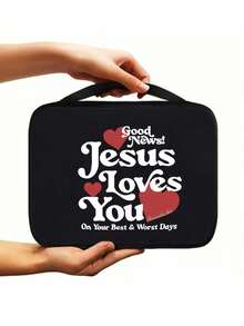 1pc Black Stylish Simple Letters Love Pattern Printed Handbag, Bible Gift Suitable For Family And Friends, Multifunctional Large Capacity Storage Bag Suitable For Daily Use Book Protection Bag, A Must-Have For Postmen, A Must-Have For Back To School, A Ramadan Gift