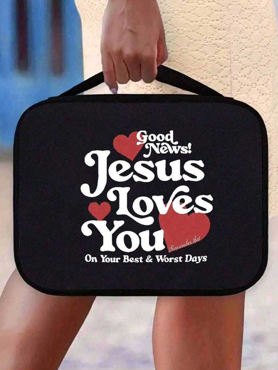 1pc Black Stylish Simple Letters Love Pattern Printed Handbag, Bible Gift Suitable For Family And Friends, Multifunctional Large Capacity Storage Bag Suitable For Daily Use Book Protection Bag, A Must-Have For Postmen, A Must-Have For Back To School, A Ramadan Gift