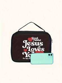 1pc Black Stylish Simple Letters Love Pattern Printed Handbag, Bible Gift Suitable For Family And Friends, Multifunctional Large Capacity Storage Bag Suitable For Daily Use Book Protection Bag, A Must-Have For Postmen, A Must-Have For Back To School, A Ramadan Gift