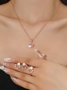 4pcs/Set Girl's Delicate Floral Earrings, Rings, Necklace Jewelry Set, Fashion Suits For Ball, Party And Everyday