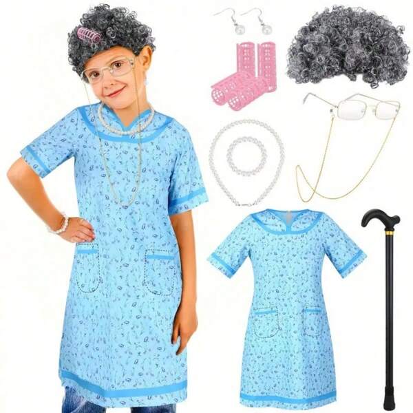 Grandma Costume Accessories Set: Grey Wig, Glasses, Necklace, Class Chain, 100 Days School Outfit, Heat-Resistant Synthetic Hair, Suitable For Men, Halloween Party, Back-To-School Party
