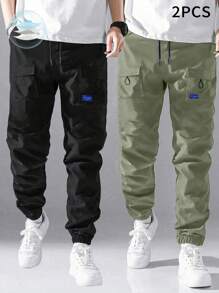 2pcs Tween Boys' Casual Elastic Waist Drawstring Cargo Pants, Suitable For Spring, Autumn And Summer - Army Green - View 1